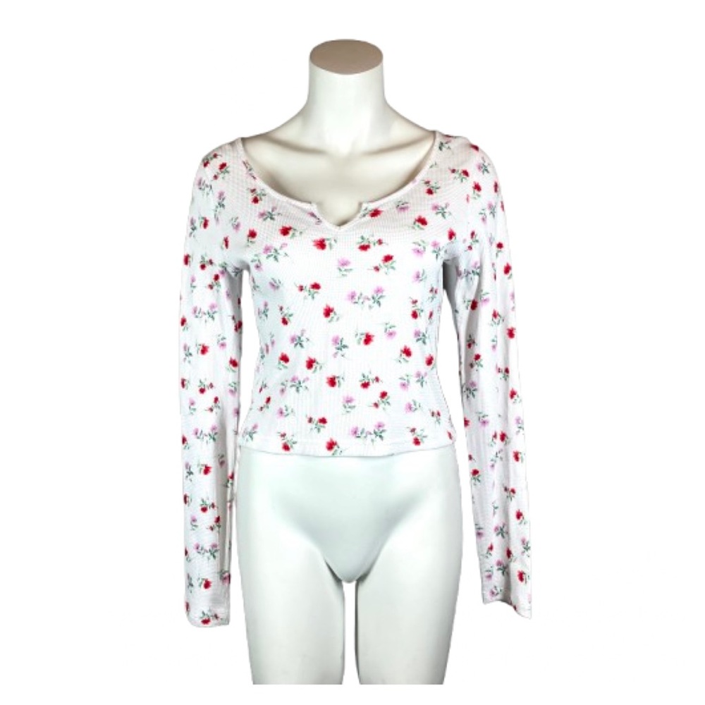 Victoria’s Secret PINK White Floral Shrunken Long Sleeve Notch Neck Thermal LRG - Picture 2 of 8